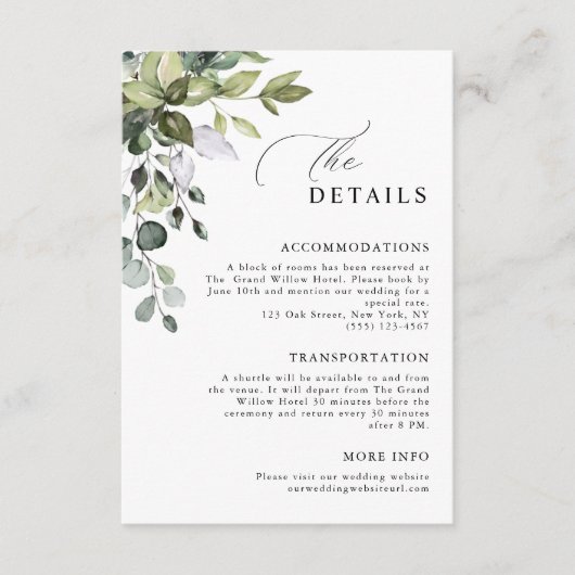 Carte D'accompagnement Détails de mariage élégant script eucalyptus verdu (Devant)
