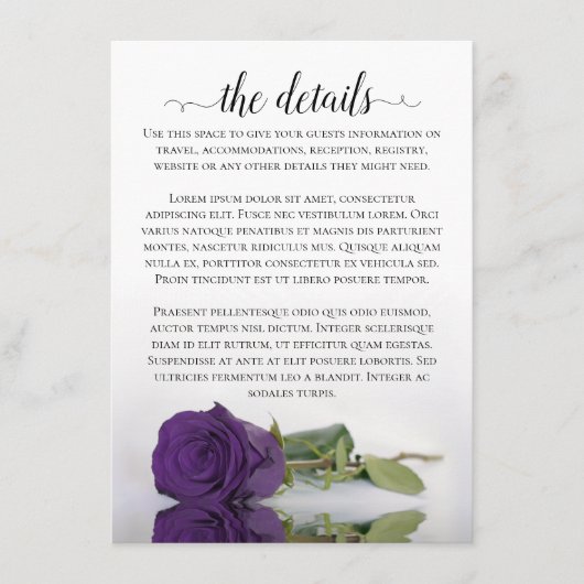 Carte D'accompagnement Détails de mariage élégants avec rose violette réf (Devant)