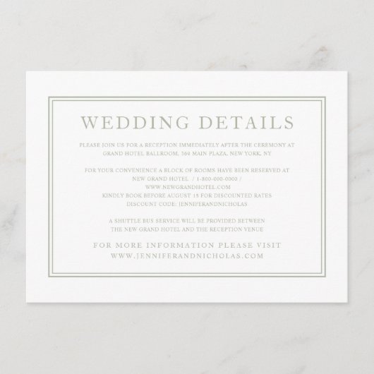 Carte D'accompagnement Détails de mariage élégants et formels en sauge ve (Devant)