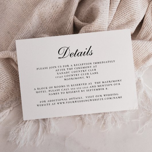 Carte D'accompagnement Détails de mariage élégants noir blanc script