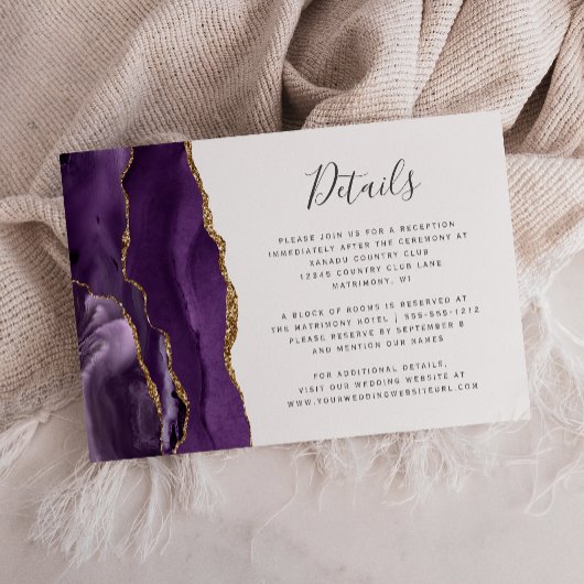 Carte D'accompagnement Détails de mariage en agate or et violet moderne