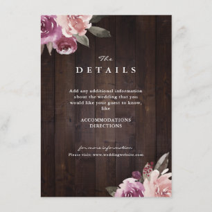 Carte D'accompagnement Détails de mariage en bois rustique floral violet 