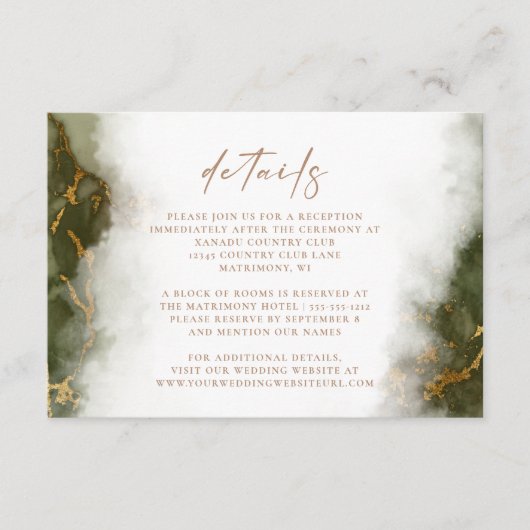 Carte D'accompagnement Détails de mariage en marbre vert olive doré (Devant)