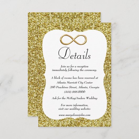 Carte D'accompagnement Détails de mariage en or paillettes symbole infini (Devant / Derrière)