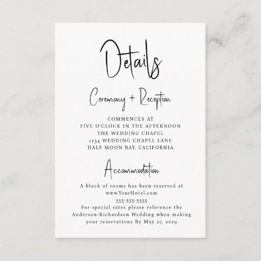 Carte D'accompagnement Détails de mariage en typographie de script minima (Devant)