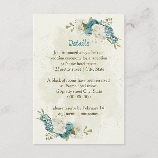 Carte D'accompagnement détails de mariage fleurs blanches bleues verdure (Devant)