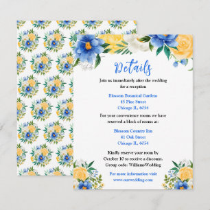 Carte D'accompagnement Détails de mariage floral bleu et jaune
