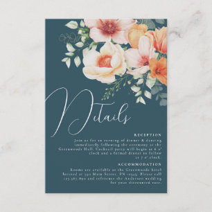 Carte D'accompagnement Détails de mariage floral bleu sarcelle orange pêc