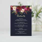 Carte D'accompagnement Détails de mariage floral bohème Navy Marsala Info (Debout devant)