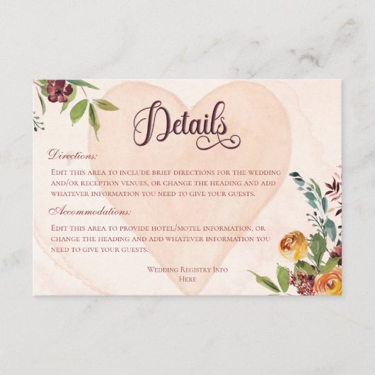 Carte D'accompagnement Détails de mariage Floral Boho Peach (Devant)