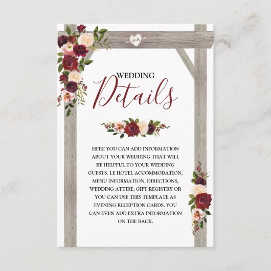 Carte D'accompagnement Détails de mariage floral burgundy rustique (Devant)
