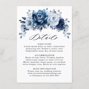 Carte D'accompagnement Détails de mariage floral Navy Bleu Poussiéreux