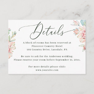 Carte D'accompagnement Détails de mariage floral rose Bloc d'hôtel élég