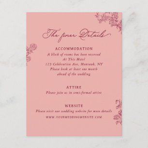 Carte D'accompagnement Détails de mariage floral rose bordeaux vintage