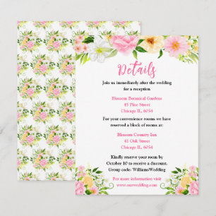 Carte D'accompagnement Détails de mariage floral rose et jaune d'été