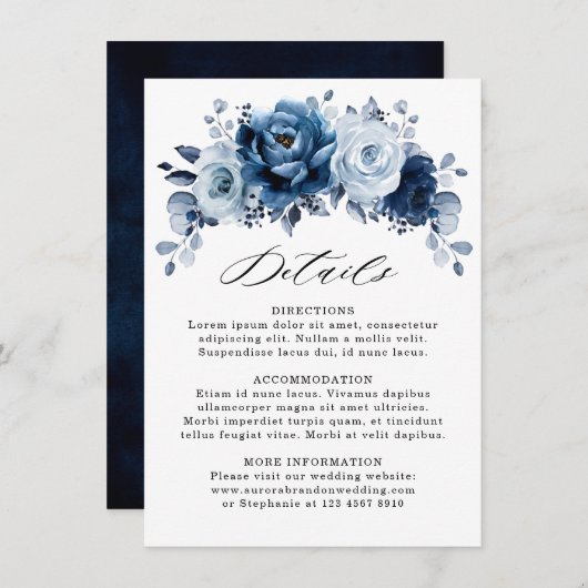 Carte D'accompagnement Détails de mariage floraux en bleu poussiéreux et (Devant / Derrière)