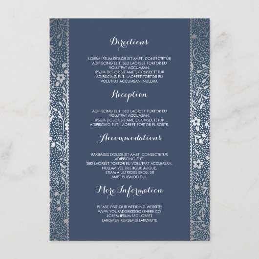 Carte D'accompagnement Détails de mariage floraux Navy argentés - Informa (Devant)