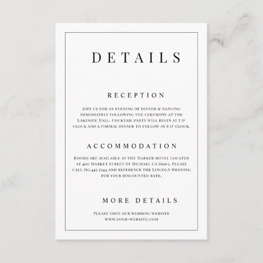 Carte D'accompagnement Détails de mariage formel simple noir et blanc (Devant)