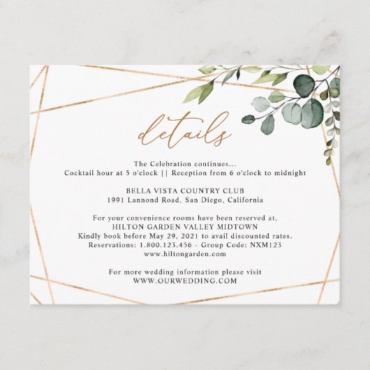 Carte D'accompagnement Détails de mariage géométriques dorés à feuillage (Devant)