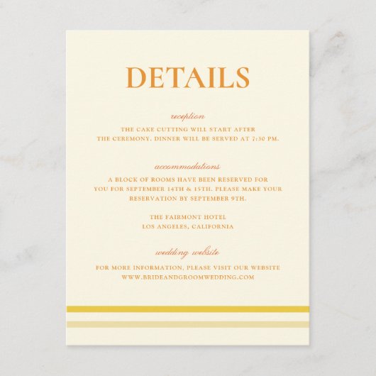 Carte D'accompagnement Détails de mariage jaune beurre de script simple m (Devant)