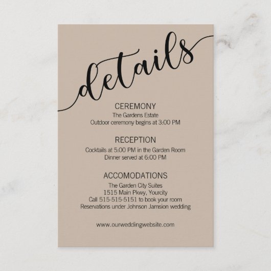 Carte D'accompagnement Détails de mariage Latte Mocha Black Script (Devant)