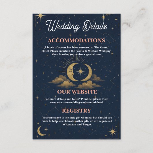 Carte D'accompagnement Détails de mariage Lune et Étoiles Célestes Encadr (Devant)