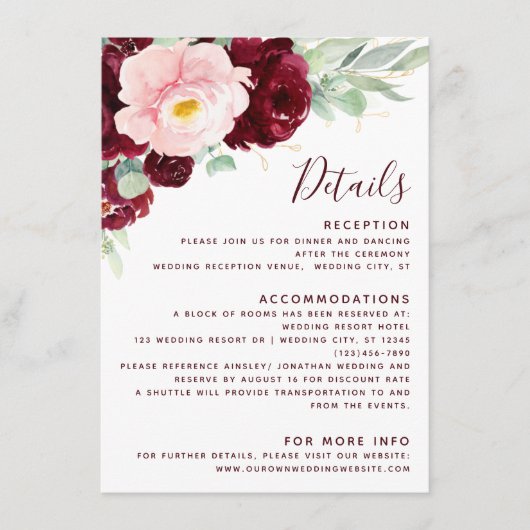 Carte D'accompagnement Détails de mariage moderne floral Burgundy Blush (Devant)
