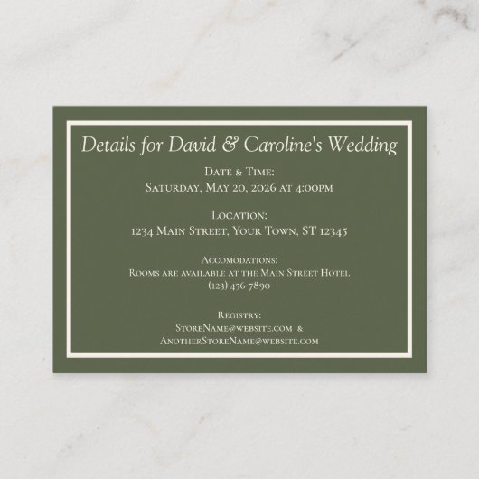 Carte D'accompagnement Détails de mariage moderne vert forêt uni (Devant)