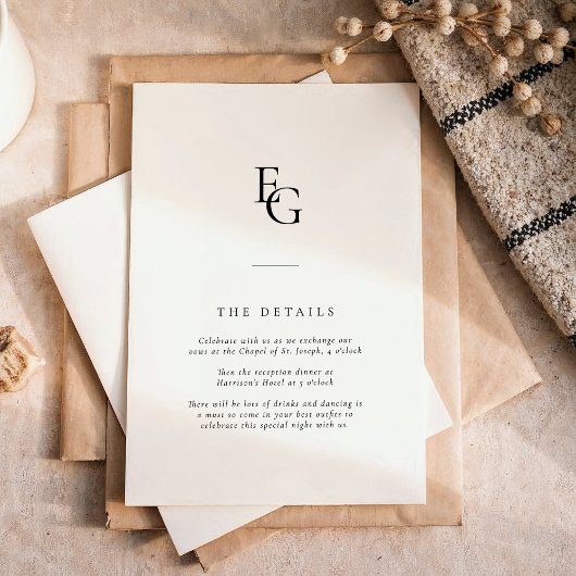 Carte D'accompagnement Détails de mariage modernes avec monogramme chic