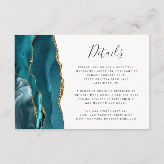 Carte D'accompagnement Détails de mariage modernes Teal Gold Agate (Devant)
