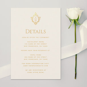 Carte D'accompagnement Détails de mariage monogramme blason doré vintage 