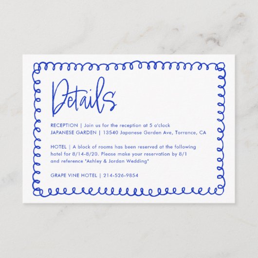 Carte D'accompagnement Détails de mariage rétro français bleu manuscrit (Devant)