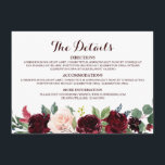 Carte D'accompagnement Détails de mariage rustique floral rouge Bourgogne<br><div class="desc">Carte d'invitation de mariage bohème rustique floral rouge Bourgogne Navy aquarelle. Parfait pour un mariage d'automne. Le design présente un magnifique bouquet de fleurs / roses rouges Bourgogne / Marsala, pêche, navy avec des feuilles assorties. Veuillez trouver plus de modèles et de variations assortis dans ma boutique "blissweddingpaperie". Et n'hésitez...</div>