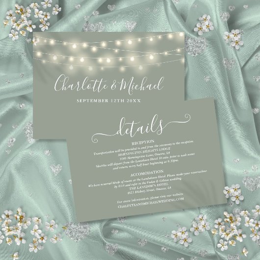 Carte D'accompagnement Détails de mariage Script Spring Lights Vert sauge