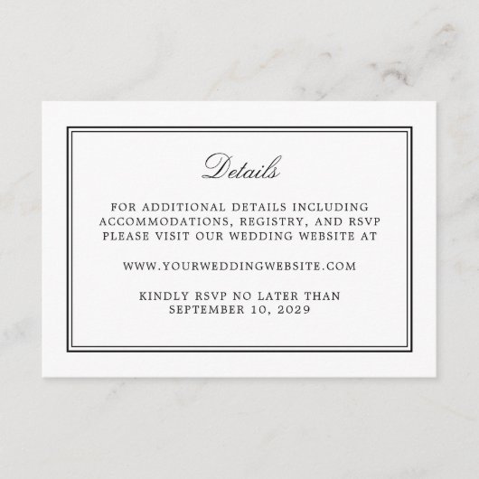 Carte D'accompagnement Détails de mariage simple blanc élégant (Devant)