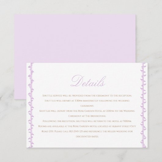 Carte D'accompagnement Détails de mariage Simple Lavender Crest (Devant / Derrière)