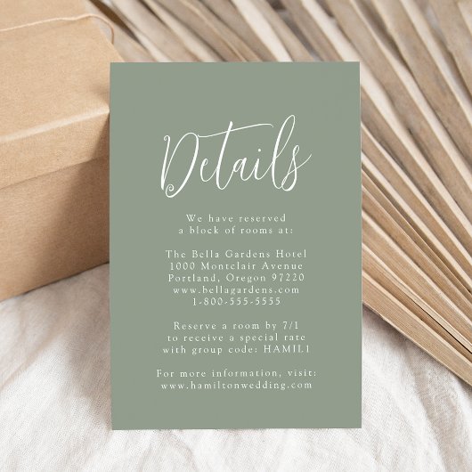 Carte D'accompagnement Détails de mariage Simple Script Vert Sauge