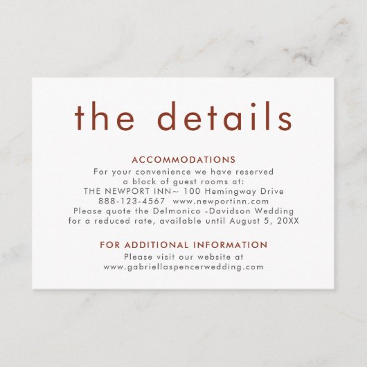 Carte D'accompagnement Détails de mariage simples en terre cuite moderne (Devant)