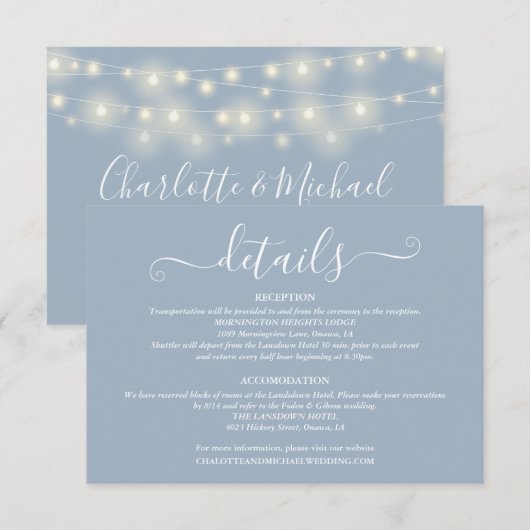 Carte D'accompagnement Détails de mariage Spring Lights Script Dusty Blue (Devant / Derrière)