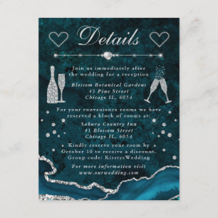 Carte D'accompagnement Détails de mariage Teal & Silver Faux Glitter Agat