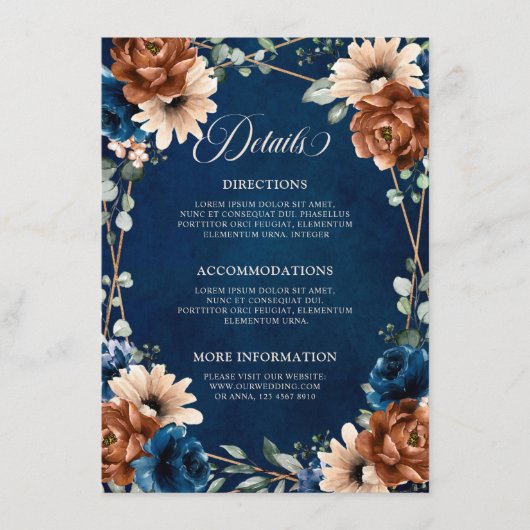 Carte D'accompagnement Détails de mariage Terracotta Navy Blue Greenery E (Devant)