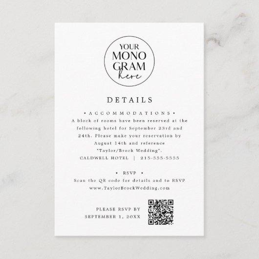 Carte D'accompagnement Détails de mariage uniques Monogram MEGHAN Noir Bl (Devant)
