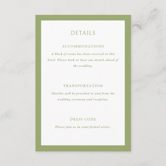 Carte D'accompagnement Détails de mariage vert (Devant)