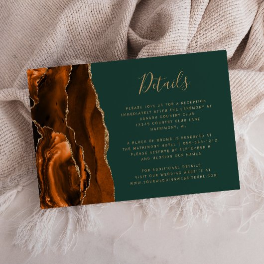 Carte D'accompagnement Détails de mariage vert chasseur Modern Rust Agate