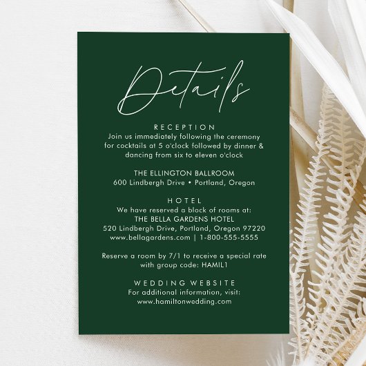Carte D'accompagnement Détails de mariage vert de script moderne