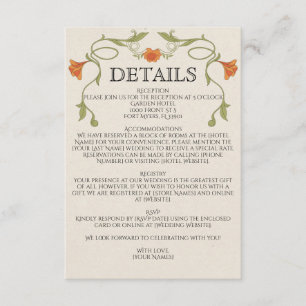Carte D'accompagnement Détails de mariage vert fleurs orange Art Nouveau