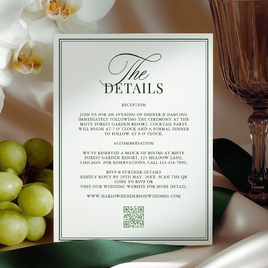 Carte D'accompagnement Détails de mariage vert foncé classique