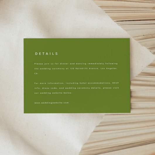 Carte D'accompagnement Détails de mariage vert olive moderne & site web
