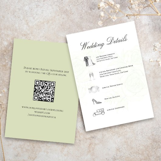 Carte D'accompagnement Détails de mariage Vert Sauge Code QR Calendrier
