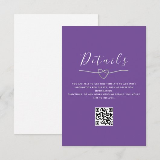 Carte D'accompagnement Détails de mariage violet Code QR (Devant / Derrière)